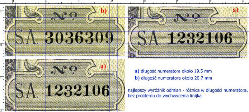 Wymiary numeratorów na odmianach a i b banknotu 500 złotych 1919