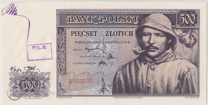 Awers finalnej wersji banknotu 500 złotych 1939 jako wzór akceptacyjny z numeracją zerową stemplem i podpisem