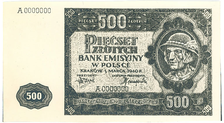 Fotokopia awersu banknotu 500 złotych 1940
