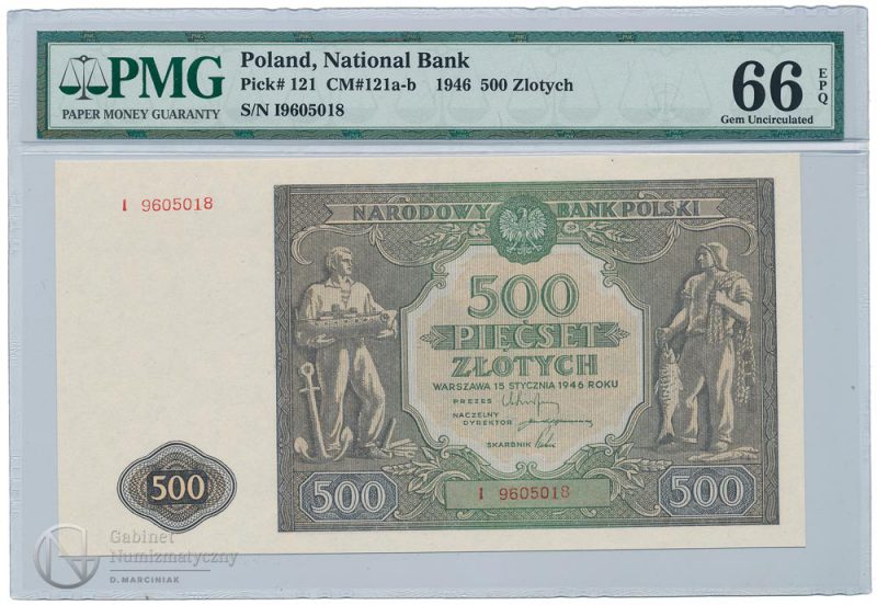 Awers banknotu 500 złotych 1946 w ocenie PMG 66 EPQ
