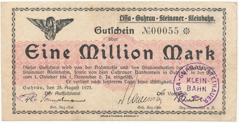 Notgeld 1 milion marek 1923 kasy stacji kolei wąskotorowej w Górze