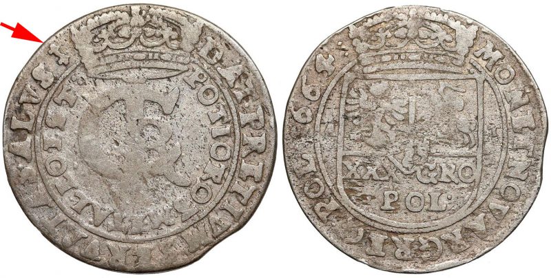 Tymf 1664 ze znakiem w kształcie herbu Pilawa